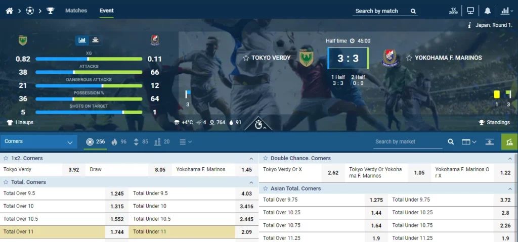 1xBet In-Play Betting Dashboard